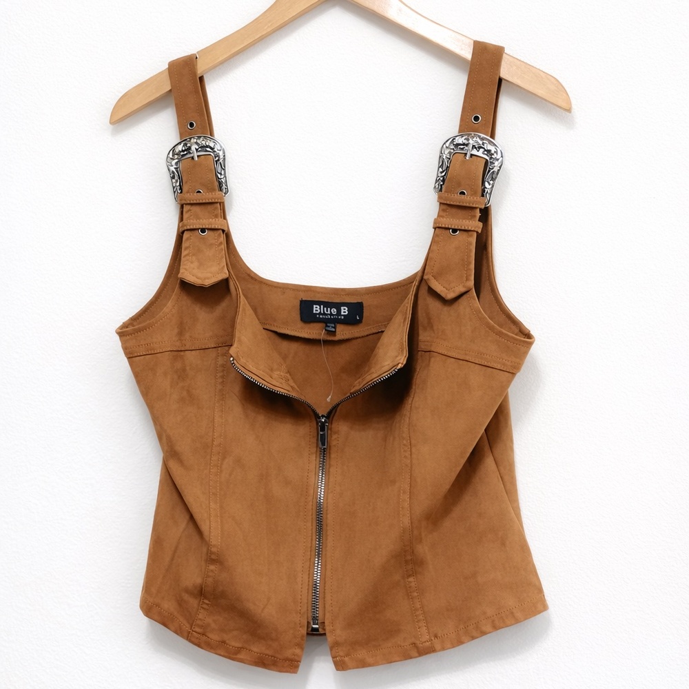 Faux Suede Western Buckle Zip-Front Top | Size L